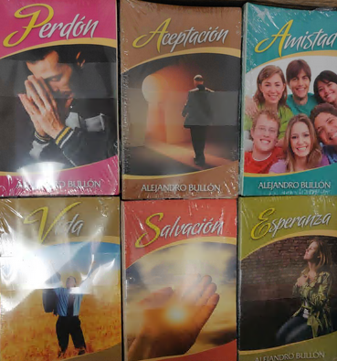 Se exponen seis libros de Alejandro Bullón, cada uno con una portada y un título diferentes: «Perdón», «Aceptación», «Amistad», «Vida», «Salvación» y «Esperanza». Ideales para paquetes evangelísticos o como tratados cristianos sobre la salvación.