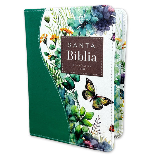 Una Biblia en español con lomo verde, portada con motivos florales y mariposas, titulada «Santa Biblia Reina-Valera 1960» (RVR60), con las palabras de Jesús en rojo.