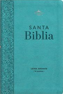 Una cubierta de color turquesa de la Santa Biblia Reina Valera 1960 con la inscripción «Letra Gigante 14 puntos» y un motivo ornamentado en el lado izquierdo.