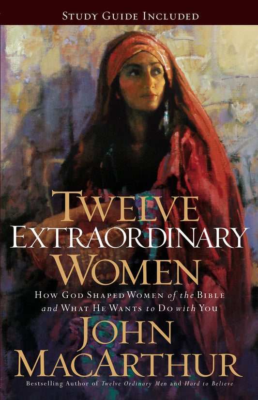 Portada del libro «Doce mujeres extraordinarias», de John MacArthur, en la que aparece un retrato pintado de una mujer vestida de rojo con una expresión serena, que rinde homenaje a las mujeres de fe extraordinarias de la Biblia.