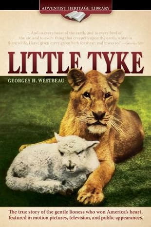Portada del libro *Little Tyke*, de Georges H. Westbeau, en la que aparece una leona africana tumbada junto a un cordero en la hierba, con un texto que describe la clásica historia de una leona bondadosa.