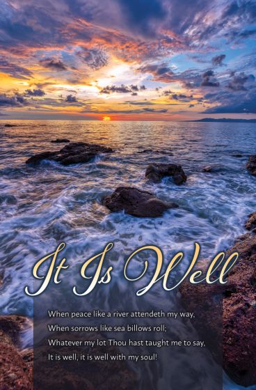 Una vibrante puesta de sol sobre el océano, con las olas rompiendo contra las rocas, perfecta para boletines de iglesia o boletines para imprimir. El texto reza «It Is Well» y, debajo, aparecen las letras del himno, lo que la convierte en una opción inspiradora para una orden del servicio.
