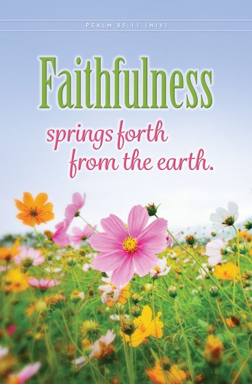 Un campo de coloridas flores silvestres con el texto: «La fidelidad brota de la tierra. Salmo 85:11 (NVI)», ideal para boletines de iglesia o para incluir en tus anuncios de iglesia con el fin de inspirar a tu congregación.