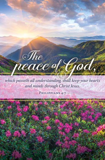 Un pintoresco paisaje de montaña con flores rosas en primer plano, un cielo al amanecer y el versículo bíblico de Filipenses 4:7 sobre la paz de Dios: perfecto para boletines cristianos o para la portada de un orden del servicio de la iglesia.