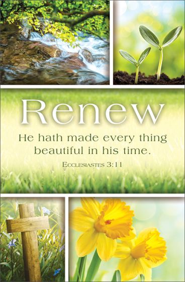 Collage con un arroyo, plantones, una cruz de madera y narcisos amarillos; ideal para boletines de iglesia. El texto dice: «Renovarse. Él ha hecho que todo sea hermoso a su tiempo». Eclesiastés 3:11.