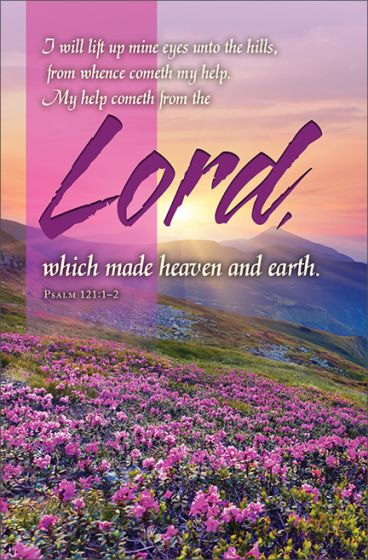 Una pintoresca ladera con flores moradas y un texto del Salmo 121:1-2 sobre cómo buscar la ayuda del Señor, ideal para boletines de iglesia o para incluir en el orden del servicio religioso.