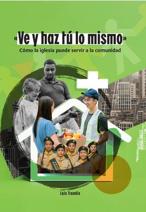 Portada del libro titulado Ve y haz tú lo mismo, en la que aparece un collage de personas que viven una vida de fe y de servicio auténtico con el perfil urbano de la ciudad como fondo.