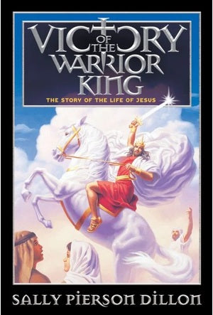 Portada de un libro infantil sobre la historia de Jesús, en la que aparece una figura coronada, vestida con túnicas, montada en un caballo blanco y sosteniendo una espada resplandeciente sobre un grupo de personas.