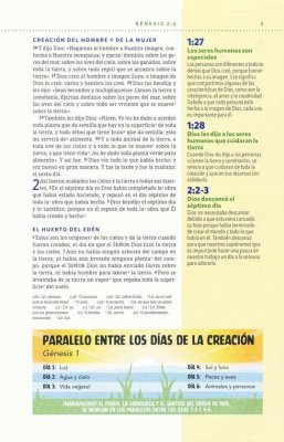 Una página de la «Biblia para niños» de la NBLA incluye un texto sobre la creación, el Jardín del Edén y un cuadro destacado en el que se comparan los días de la creación.