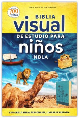 Portada de la «Biblia de estudio para niños NBLA», en la que aparecen un camello, un león, un barco antiguo y el Arca de la Alianza, con un cielo desértico como telón de fondo. Perfecta para quienes buscan una Biblia visual para niños llena de color y aventura.