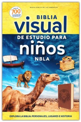 Portada de una «Biblia visual para niños», en la que aparecen un camello, un león, un barco y una ilustración bíblica sobre un fondo que representa el desierto y el cielo.