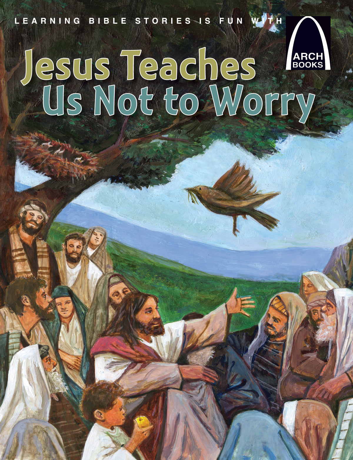 Ilustración de portada del libro «Jesús nos enseña a no preocuparnos», en la que se representa a Jesús relatando el pasaje de Mateo 6:25-34 mientras se dirige a una multitud al aire libre, con un pájaro volando sobre ellos, lo que nos recuerda que Dios provee para todos.