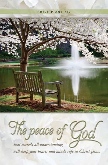 Un banco de madera da a un estanque con una fuente, bajo el que se alza un árbol de flores blancas. El texto cita Filipenses 4:7, sobre la paz de Dios que guarda los corazones y las mentes en Cristo Jesús. Perfecta para boletines cristianos o para imprimir el orden del servicio, esta escena serena inspira una reflexión tranquila y consuelo espiritual.