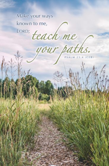 Un estrecho sendero de tierra atraviesa la hierba alta bajo un cielo parcialmente nublado, con un texto del Salmo 25:4 sobre seguir los caminos del Señor: una imagen inspiradora perfecta para boletines de iglesia o para incluirla en una orden del servicio de la iglesia.