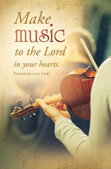 Imagen de una persona tocando el violín con el versículo bíblico: «Cantad al Señor en vuestros corazones. Efesios 5:19 (ceb)», sobre un fondo difuminado con notas musicales; ideal para boletines de iglesia o para imprimir el orden del servicio, aportando inspiración y fe a cada reunión.