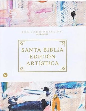Portada de una Santa Biblia Edición Artística con un fondo pintado abstracto y multicolor, y márgenes punteados para facilitar la lectura.