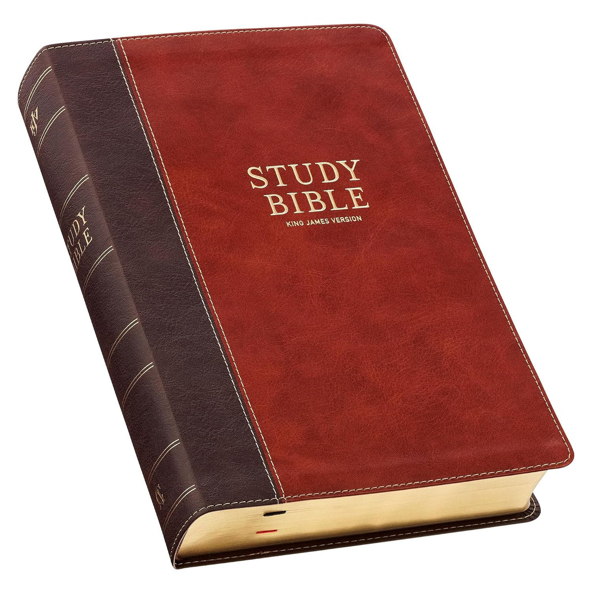 Biblia de estudio de la Versión del Rey Jacobo, con una cubierta en dos tonos, rojo y marrón, y letra grande.