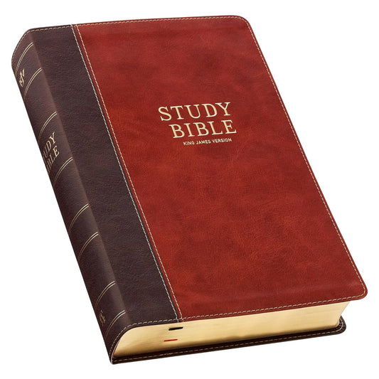 Biblia de estudio de la Versión del Rey Jacobo, con una cubierta en dos tonos, rojo y marrón, y letra grande.