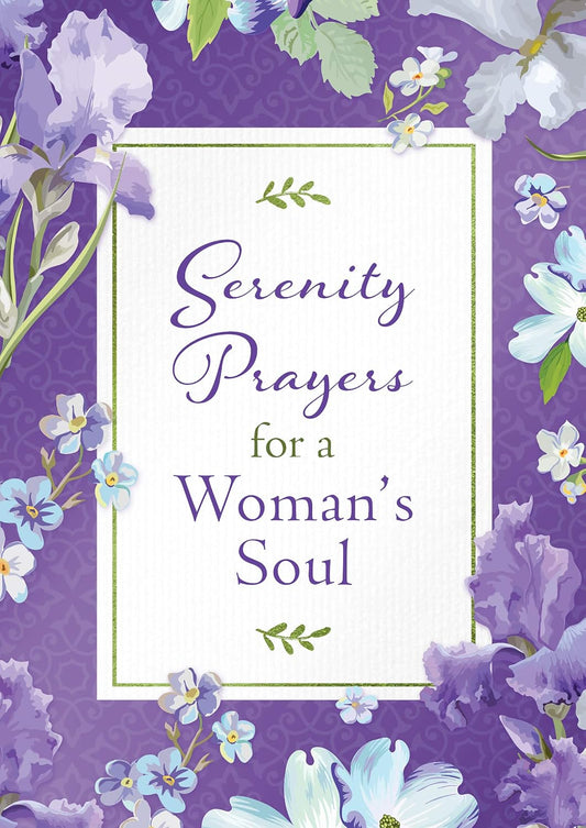 Portada de un libro con el título «Serenity Prayers for a Woman’s Soul» sobre un fondo floral morado con flores lilas y azules, ideal para un libro de devociones para mujeres o como inspiración para las oraciones diarias.