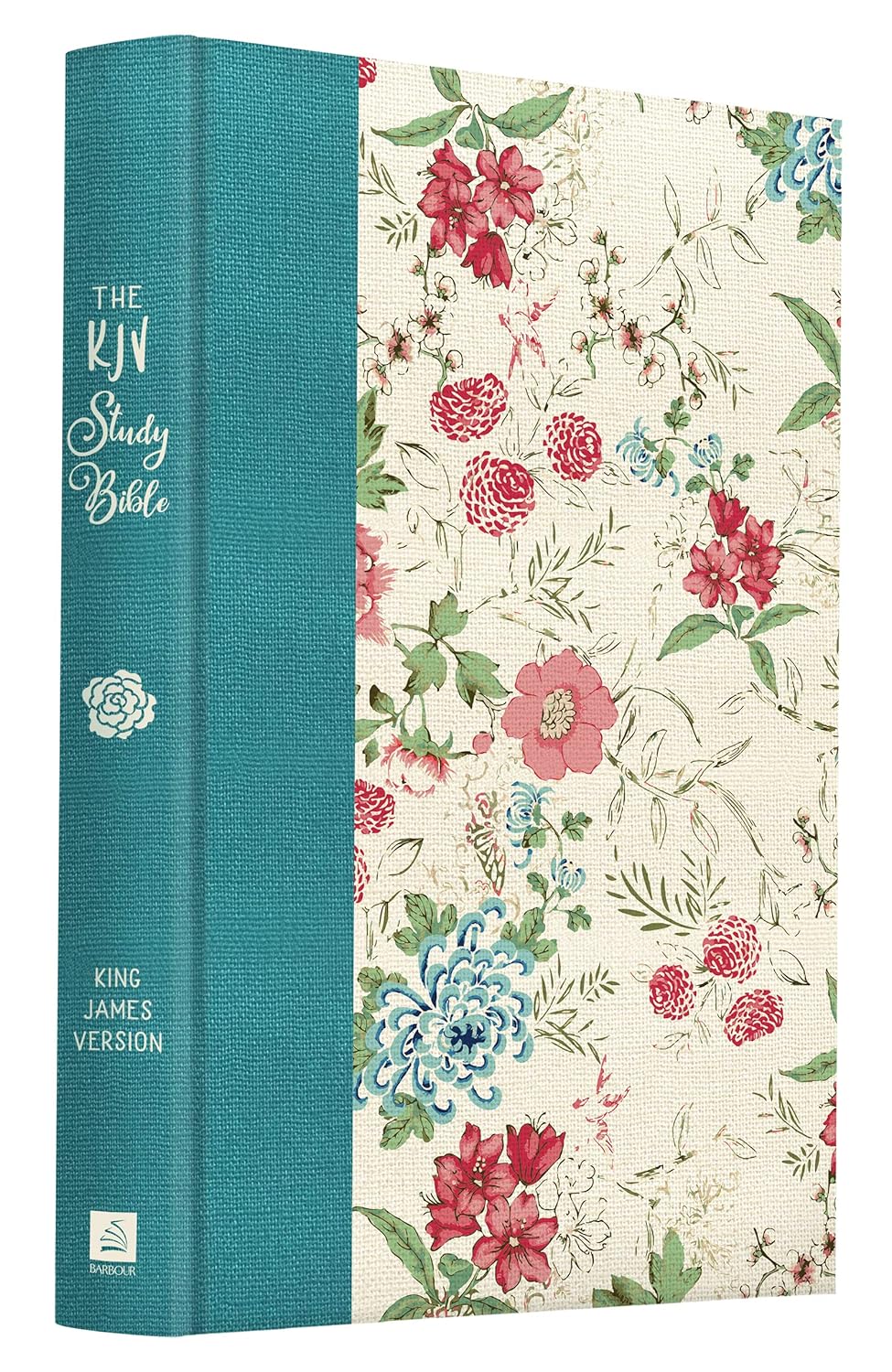 Una Biblia de estudio de la Versión del Rey Jacobo, con tapa dura, lomo de color verde azulado y cubierta con motivos florales en tonos rojos, azules y verdes, que incluye mapas a color de los territorios bíblicos para una exploración más profunda.