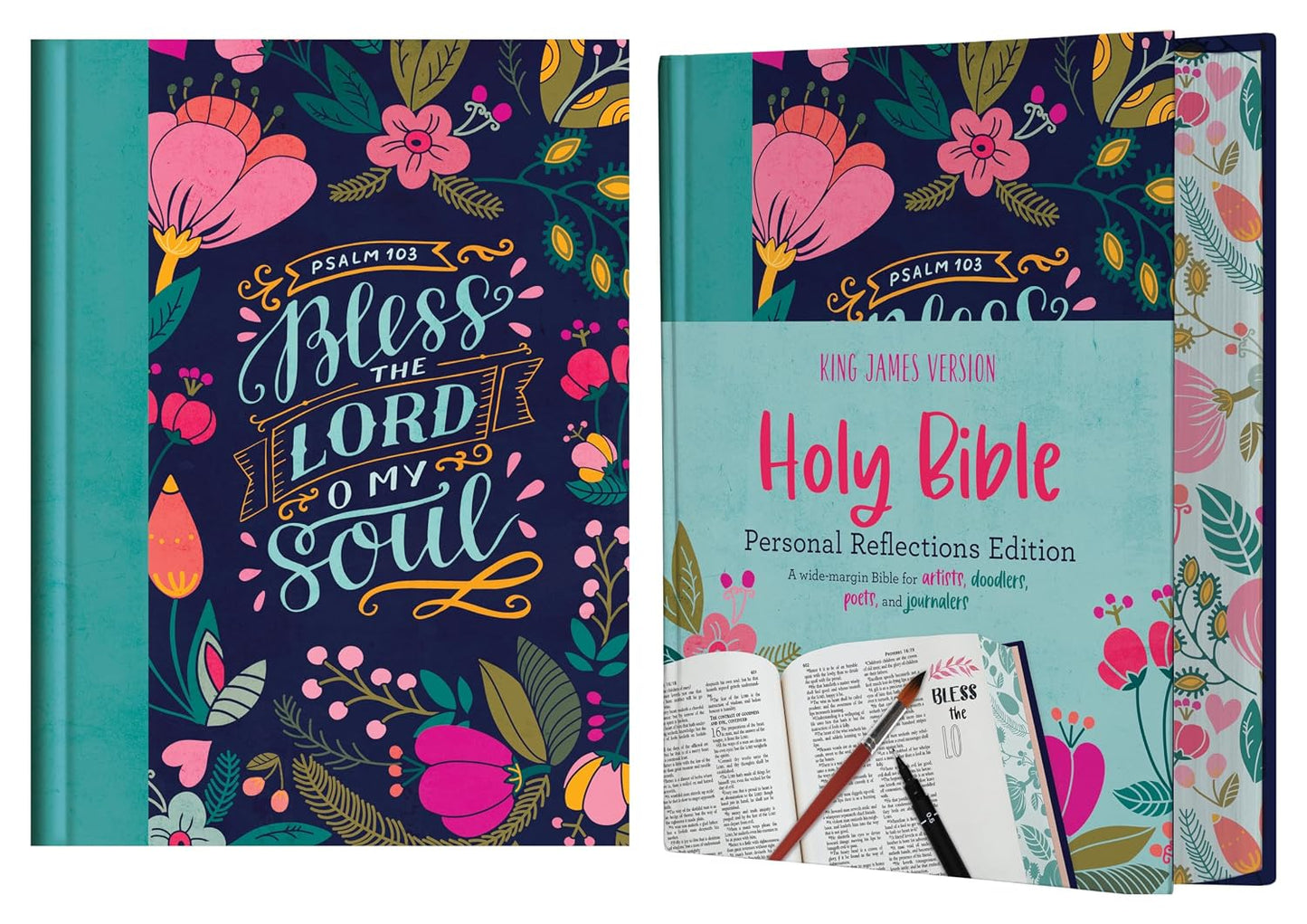 Dos cuadernos decorativos de temática cristiana: uno con el título «Bendice al Señor, oh alma mía» en la portada, y otro titulado «Santa Biblia: Edición de reflexiones personales», destinado a anotar peticiones de oración o notas de estudio, con material para escribir junto a él.