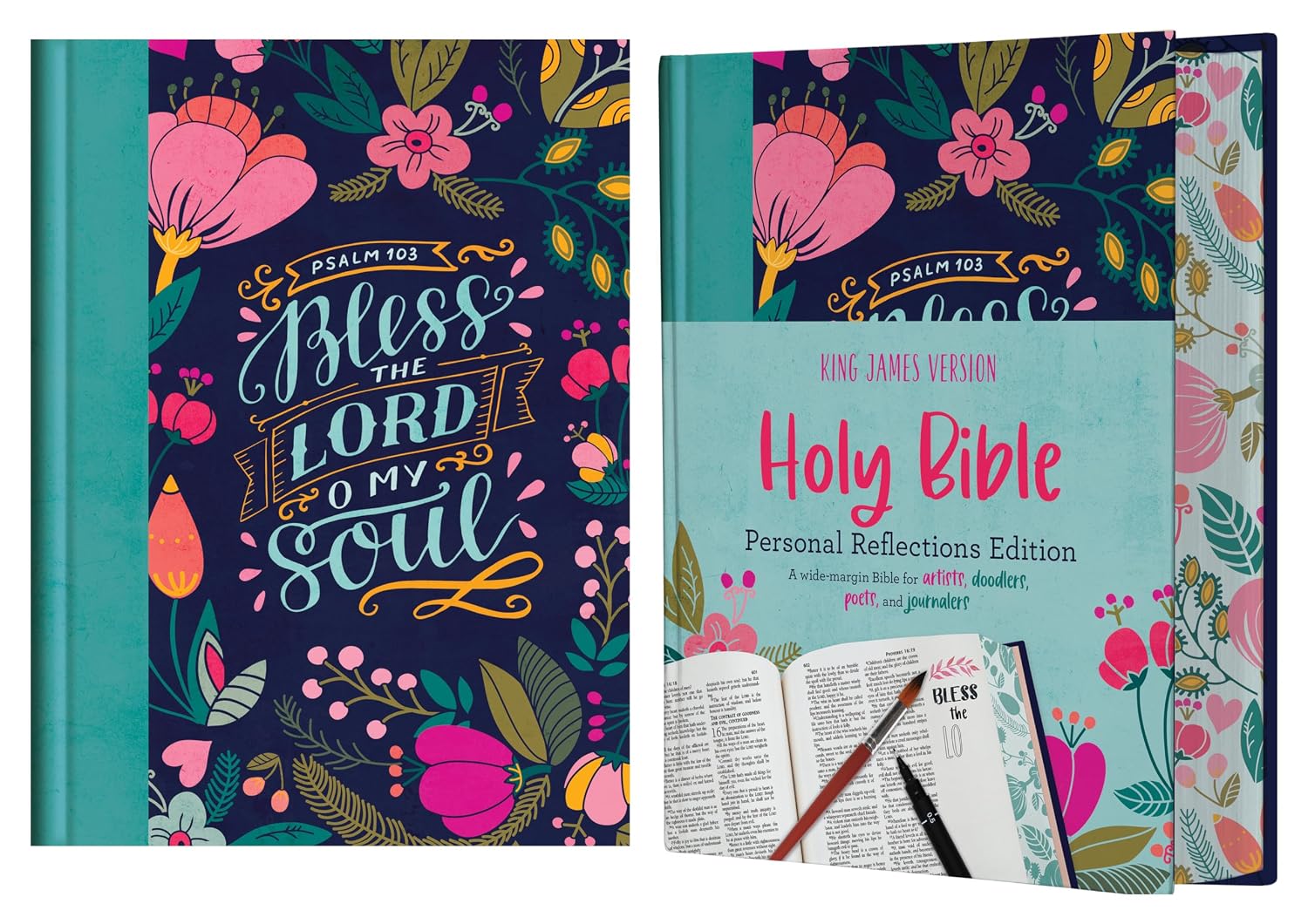 Dos cuadernos decorativos de temática cristiana: uno con el título «Bendice al Señor, oh alma mía» en la portada, y otro titulado «Santa Biblia: Edición de reflexiones personales», destinado a anotar peticiones de oración o notas de estudio, con material para escribir junto a él.