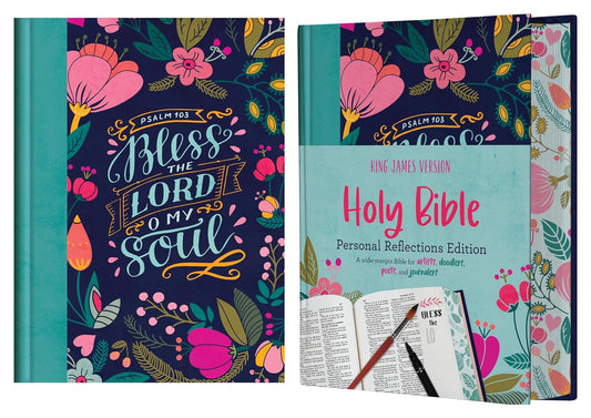 Dos cuadernos decorativos de temática cristiana: uno con el título «Bendice al Señor, oh alma mía» en la portada, y otro titulado «Santa Biblia: Edición de reflexiones personales», destinado a anotar peticiones de oración o notas de estudio, con material para escribir junto a él.