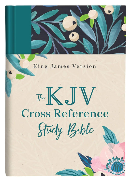 Portada de la «Biblia de estudio con referencias cruzadas de la Versión del Rey Jacobo», con motivos florales y la inscripción «King James Version» en la parte superior; ideal para el estudio de la Biblia por parte de las mujeres, ya que incluye una útil concordancia y planes de lectura bíblica.