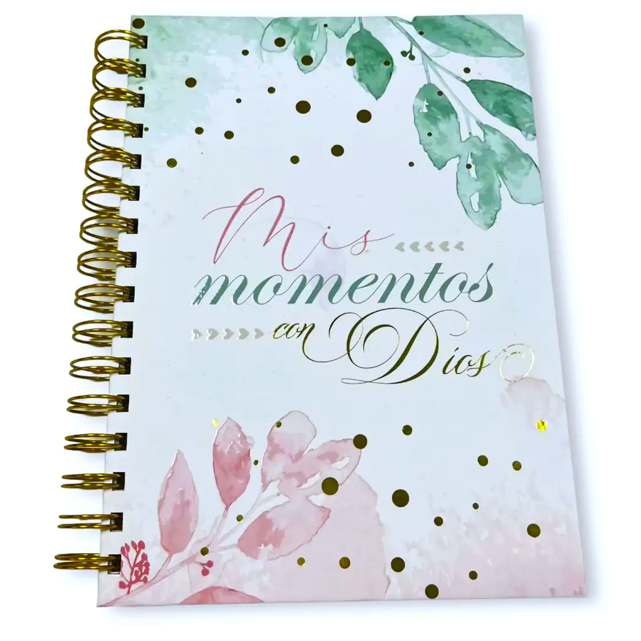Una libreta devocional con encuadernación en espiral, con un diseño floral y puntos dorados en la portada, titulada «Mis momentos con Dios» en letra decorativa, perfecta para tus apuntes bíblicos o como diario con Dios.