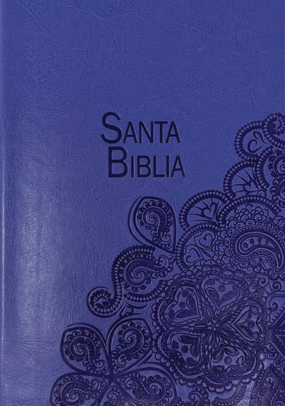 Tapa azul de una «Biblia para mujer» titulada «Santa Biblia», con intrincados diseños florales y de encaje en negro en la esquina inferior derecha. Perfecta como «Biblia Reina-Valera 1995» o «Biblia ilustrada» para la devoción personal.