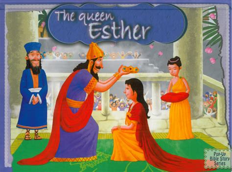 Una escena ilustrada muestra a un rey colocando una corona sobre la cabeza de una mujer sentada, identificada como Ester, mientras dos sirvientes permanecen de pie cerca de ella en un entorno palaciego.