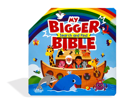 Portada de un colorido libro infantil titulado «My Bigger Search and Find Bible», en la que aparecen el Arca de Noé con animales, un arcoíris y divertidas escenas bíblicas en este libro que se abre para ampliar sus páginas.