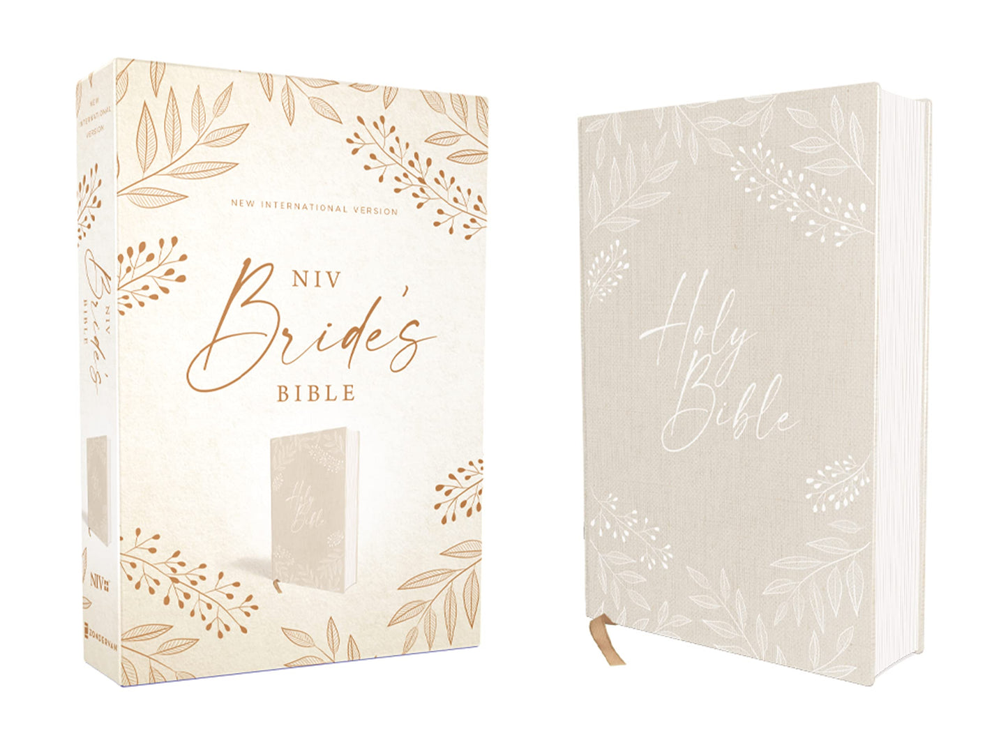 La Biblia para novias NIV, en color crema con detalles botánicos dorados, se presenta con su caja decorativa y un marcapáginas a juego, ideal como un preciado regalo de boda o un detalle especial para una fiesta de despedida de soltera.