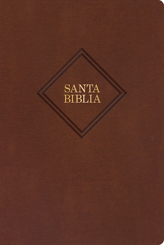 Una cubierta de libro encuadernada en cuero marrón con las palabras «Santa Biblia» en letras doradas dentro de un contorno en forma de rombo, en la que destacan las «palabras de Cristo» en rojo.