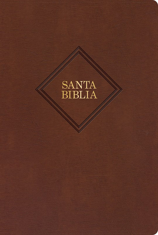 Una cubierta de libro encuadernada en cuero marrón con las palabras «Santa Biblia» en letras doradas dentro de un contorno en forma de rombo, en la que destacan las «palabras de Cristo» en rojo.