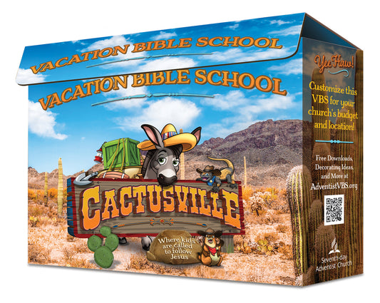 Una caja con el logotipo «Escuela Bíblica de Verano: Cactusville», en la que aparecen un burro de dibujos animados y un fondo desértico, invita a los niños a vivir aventuras bíblicas como parte de un programa de la Iglesia Adventista del Séptimo Día.