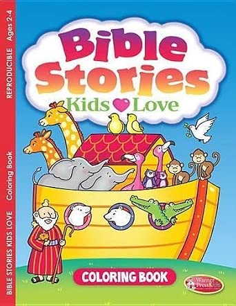 Libro de actividades para colorear Historias bíblicas que encantan a los niños, con una ilustración del Arca de Noé llena de animales de dibujos animados, para niños de 2 a 4 años.