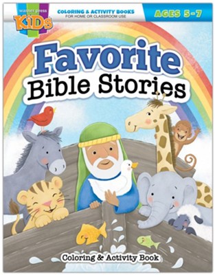 Portada de un libro de colorear y actividades titulado Historias bíblicas favoritas, dirigido a niños de entre 5 y 7 años, en el que aparecen Noé y los animales en el arca.