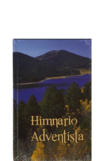 Un himnario Himnario Adventista con una imagen en la portada de un lago rodeado de montañas y árboles.