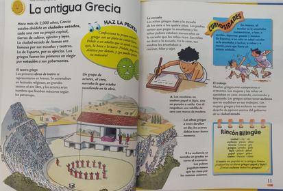 Una página ilustrada de un libro de texto sobre la Antigua Grecia, en la que se ve un teatro, alumnos escribiendo y recuadros con datos; ideal para libros educativos o como una enciclopedia para niños con información bilingüe.