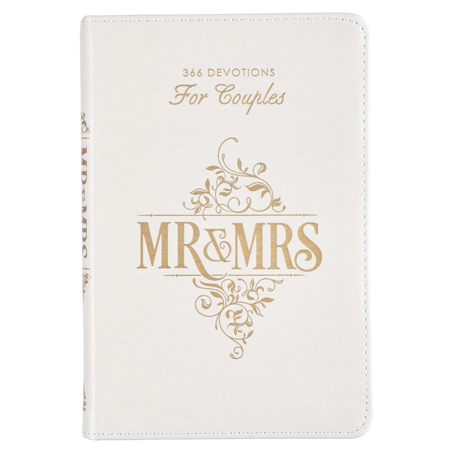 Un libro blanco titulado «366 devociones para parejas: SR. y SRA.», con texto decorativo en dorado y detalles en la cubierta y el lomo, perfecto como libro de devociones matrimoniales para parejas que buscan inspiración diaria.
