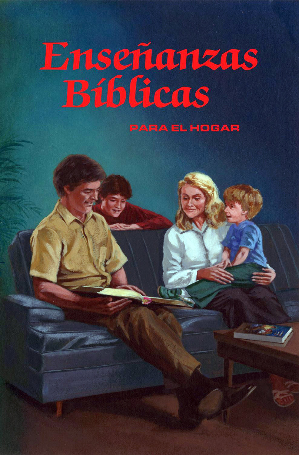 Una familia de cuatro miembros está sentada en un sofá leyendo un libro juntos; sobre ellos se lee, en letras rojas, el título «Enseñanzas Bíblicas para el hogar», lo que pone de relieve su deseo de estudiar la Biblia y aprender sobre la Palabra de Dios en familia.