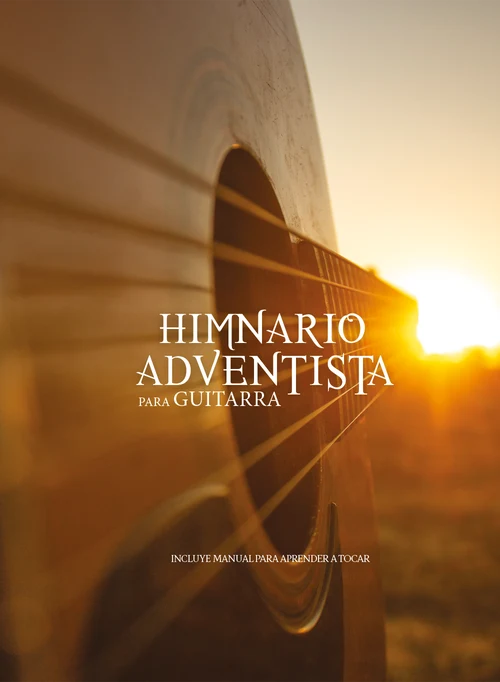 Portada de un Himnario Adventista moderno en la que aparecen una guitarra acústica al atardecer y un manual para aprender acordes de guitarra.