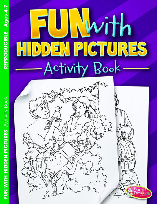 Portada del libro de actividades «Fun with Hidden Pictures», un libro de actividades bíblicas para niños de entre 4 y 7 años, en la que aparecen dos niños en un árbol, representados en blanco y negro, con un borde morado y verde y el logotipo de Warner Press Kids.
