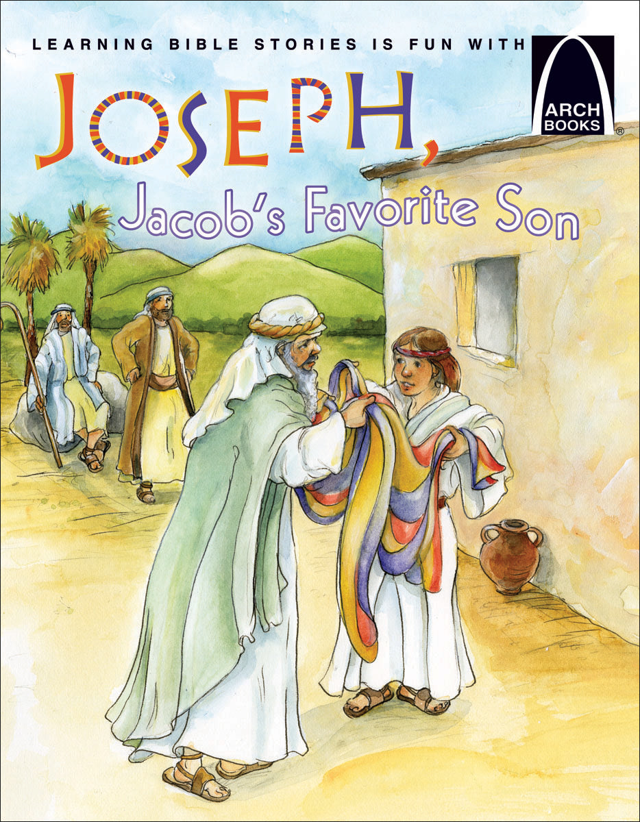 Un hombre mayor le entrega un abrigo de colores a un niño pequeño en la calle, con otros tres hombres al fondo. El texto dice: «José, el hijo predilecto de Jacob», del Génesis 37.