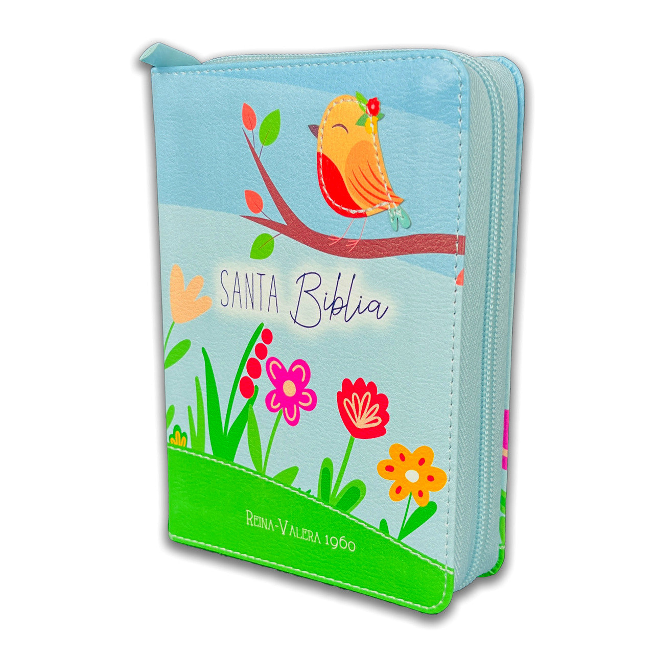 Una colorida funda con cremallera para una Biblia en español (RVR60) con un pájaro posado en una rama, flores y el texto «Santa Biblia Reina-Valera 1960». Incluye las palabras de Jesús en rojo para facilitar el estudio y la reflexión.