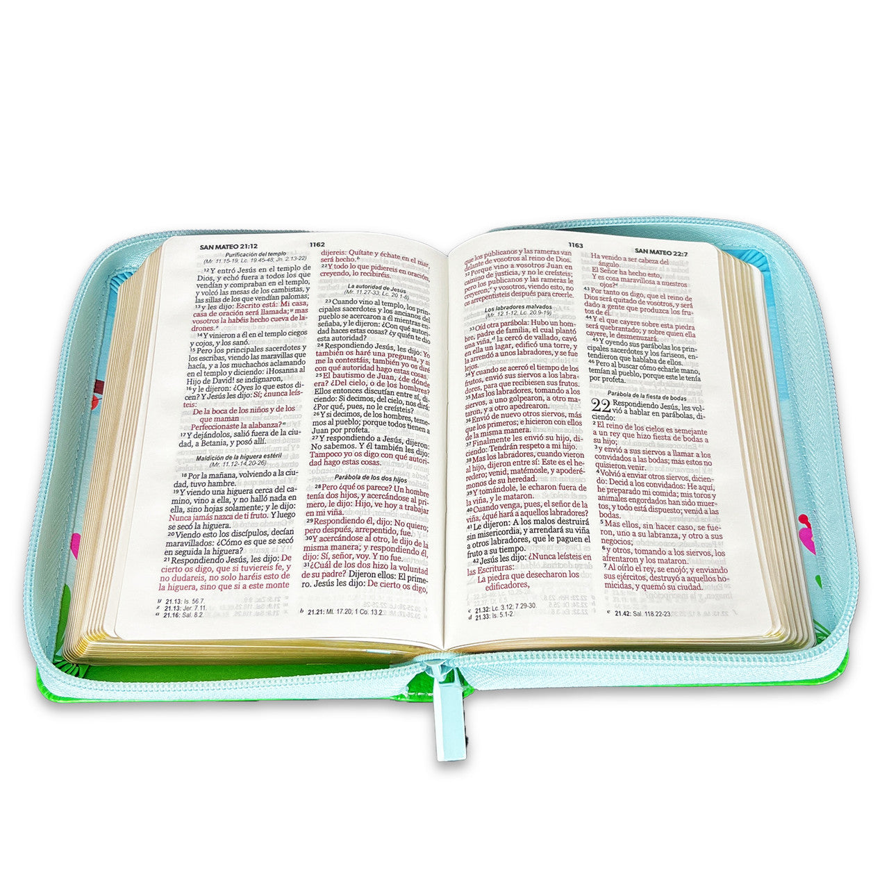 Se muestra una Biblia abierta, edición RVR60 con referencias cruzadas, con una cubierta azul con cremallera; se ven dos páginas con texto en negro y rojo, en las que las palabras de Jesús aparecen resaltadas en rojo.