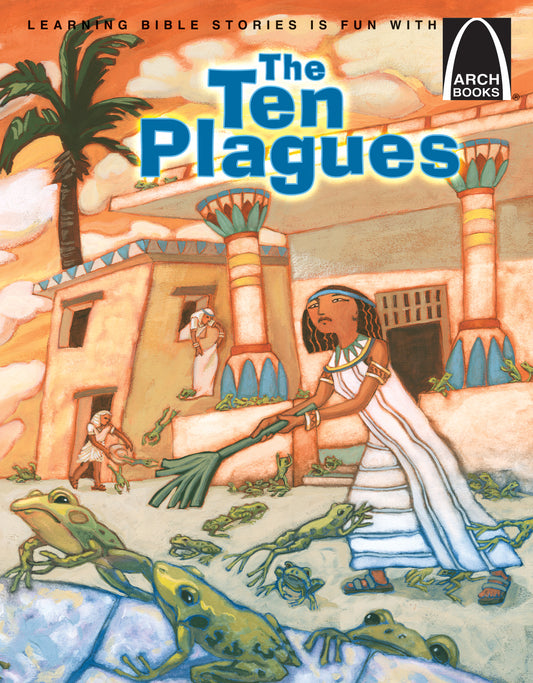 Una mujer ilustrada barre ranas de un antiguo edificio egipcio con columnas, rodeada de más ranas. El texto reza «Las diez plagas» y representa la historia de los israelitas tal y como se narra en Éxodo, capítulos 7 a 12.