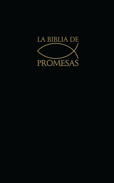 Portada de la Biblia RV1960, en la que aparece el símbolo de un pez dorado sobre fondo negro, con promesas resaltadas a lo largo de todo el texto.