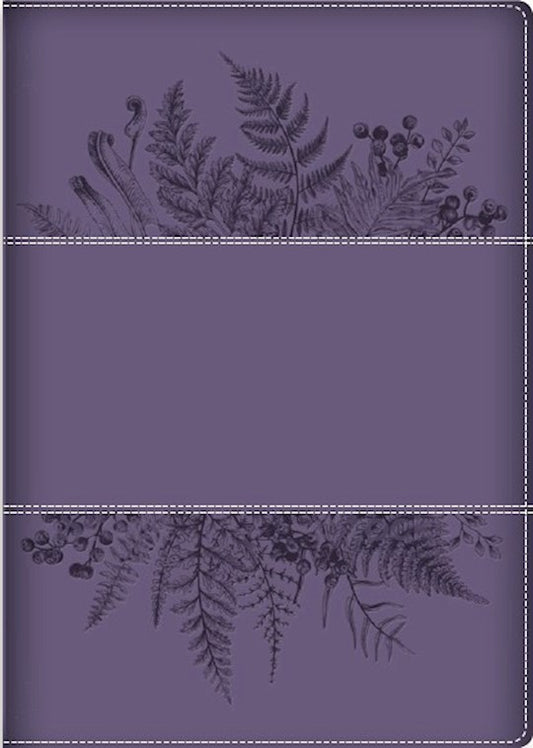Una cubierta de diario de color morado con ilustraciones botánicas en negro de helechos, hojas y bayas a lo largo de los bordes superior e inferior, perfecta para combinar con una Biblia devocional para mujeres. La zona central, sin decoraciones, ofrece un espacio elegante para la reflexión y para escribir en el diario.